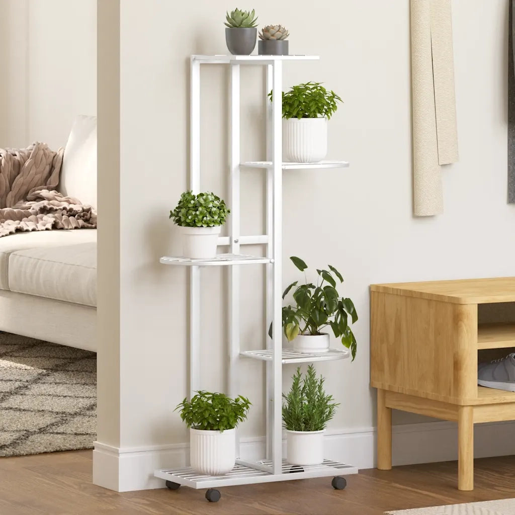 Fioriera a 5 Piani con Ruote-Vaso-Contenitore per Piante 44x23x100 cm Ferro Bianco
