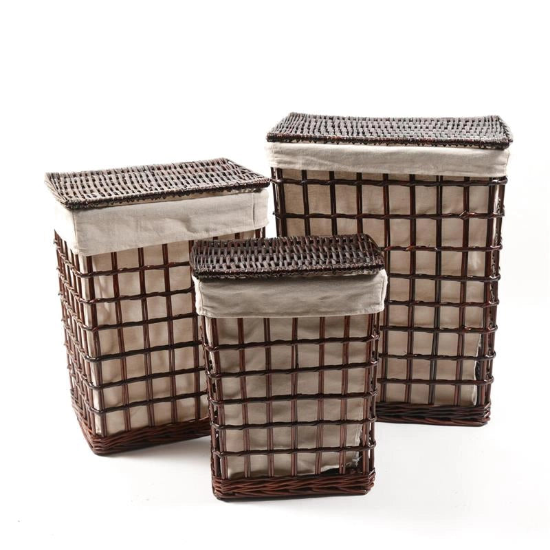 SET 3 CESTE RETTANGOLARI PORTABIANCHERIA IN VIMINI MARRONE EFFETTO RETE CON COPERCHIO, INTERNO IN TESSUTTO BEIGE
