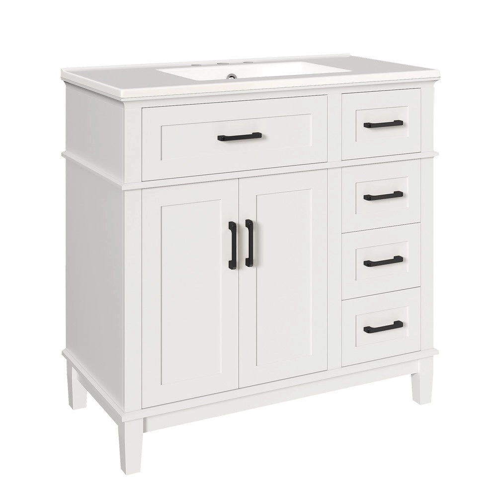 Mobile Bagno con Lavabo in Ceramica e Cassetti ¨C Xylo ¨C Bianco, Gambe in Massello, 90x46x87