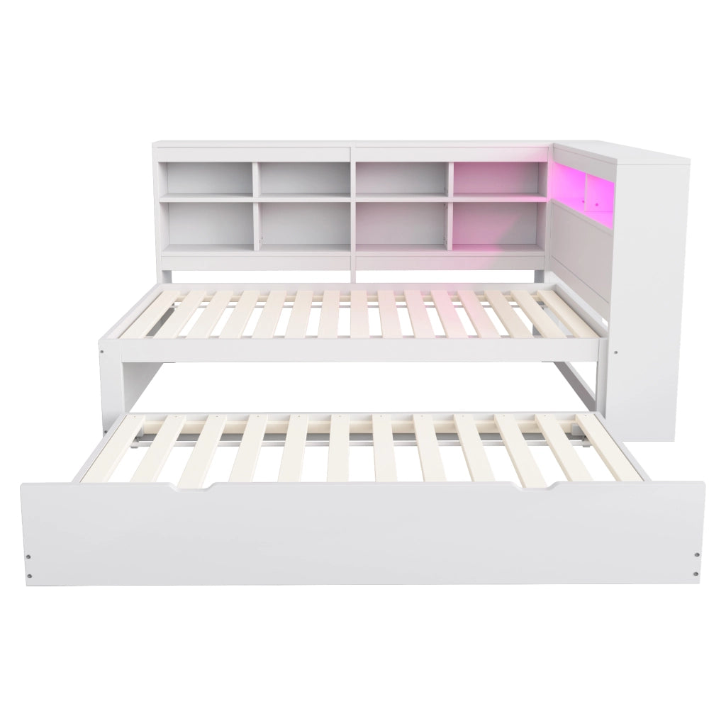 Letto singolo 90×200 cm con letto estraibile; USB; LED e ripiani; senza materasso; legno; bianco