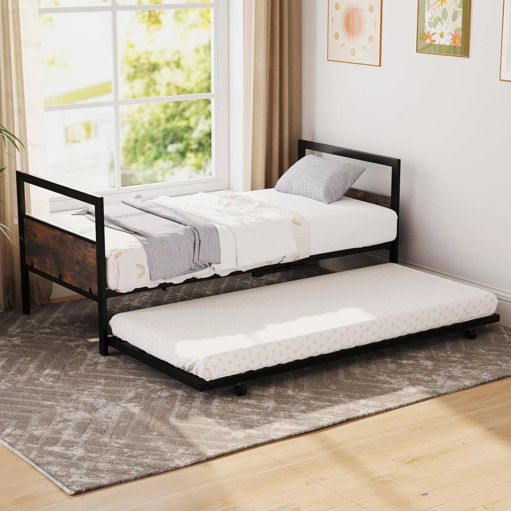 Letto giornaliero con cassetta letto estraibile, struttura letto 90 x 200 cm, con vano portaoggetti, letto per gli ospiti con rete a doghe, letto in metallo, letto estraibile industriale con