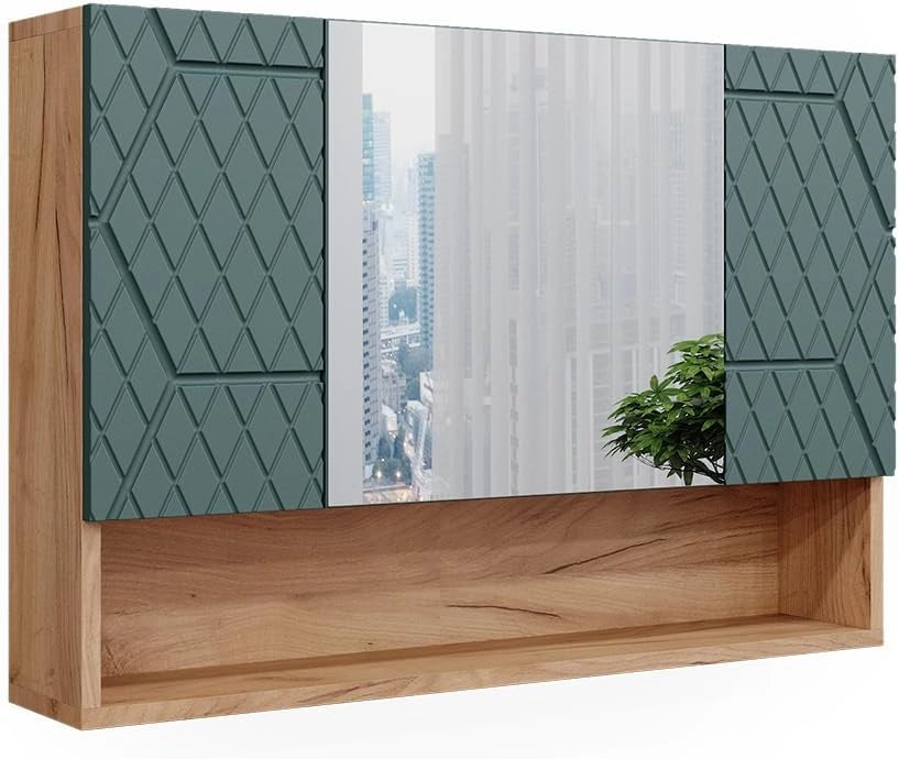 Mobile da bagno con specchio Irma, Quercia verde/oro, 80.1 x 55 cm, con specchio e ripiani aperti per montaggio a parete