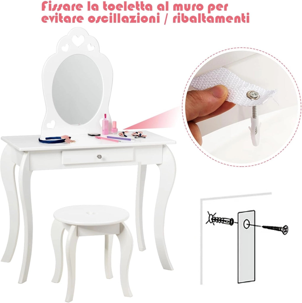 Toeletta Trucco per Bambina, Specchiera per Ragazzi in Legno Robusto, Postazione Trucco 2 in 1 con Cassetto, Sgabello e Specchio Staccabile, 70 x 34 x 105 cm (BIANCO)