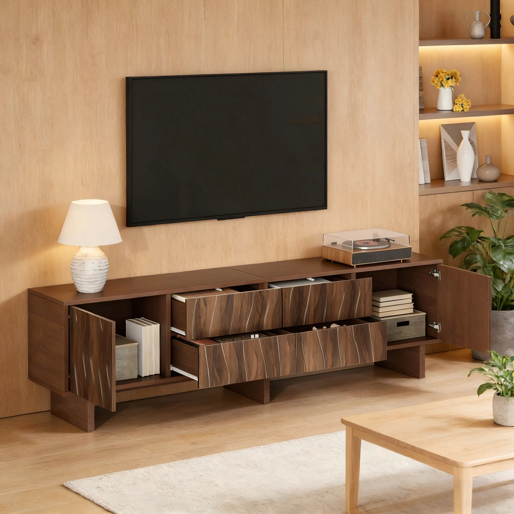 Mobile porta TV con 4 cassetti e 2 ante, design ondulato, per soggiorno, in truciolato, noce scuro, 180 × 40 × 56 cm