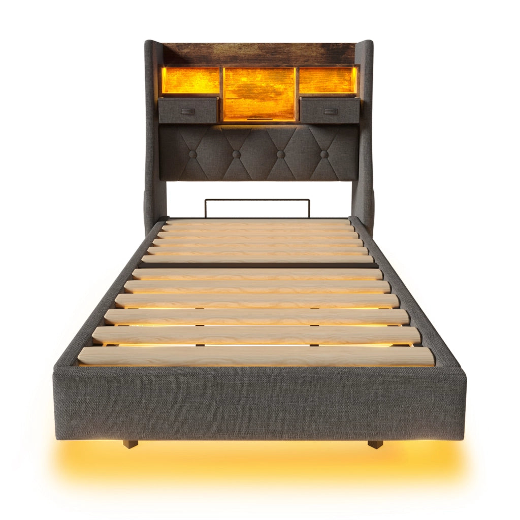 Letto singolo 90×200 cm con LED; testiera con contenitore; USB e Type-C; materasso incluso; grigio