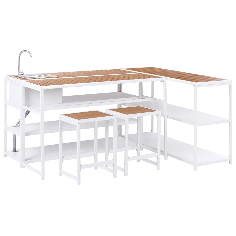 Set cucina da esterno con lavello 6 elementi acciaio bianco con tavolo bar a 2 posti cucina all'aperto stile moderno