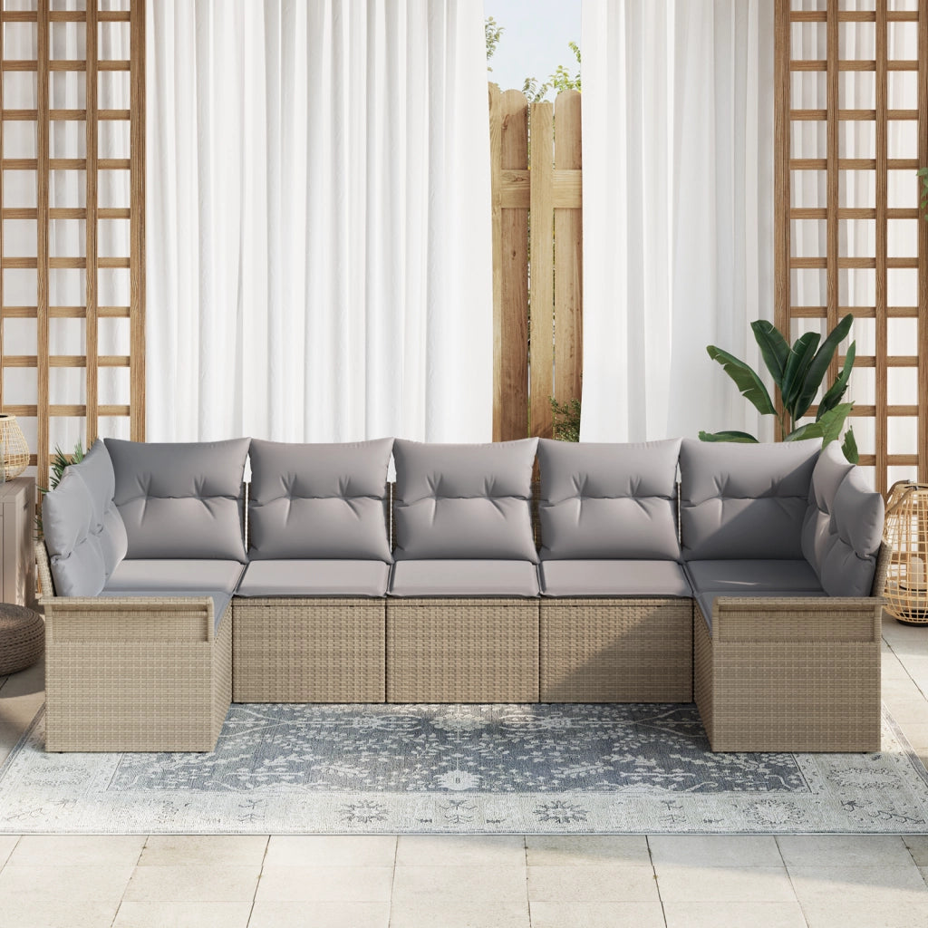 Set Divano da Giardino 7 Pezzi con Cuscini Beige Polirattan