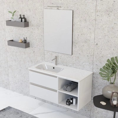 Mobile bagno sospeso 100 cm bianco opaco con cassetti e vani a giorno completo di lavabo a sinistra e specchio Master
