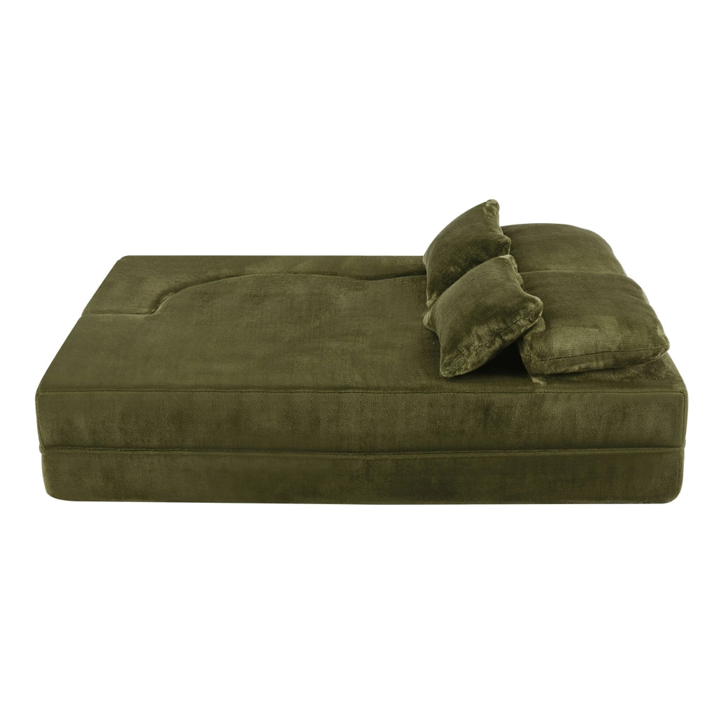 Divano letto moderno 2 in 1 in schiuma e molle verde con 4 cuscini e rivestimento morbido