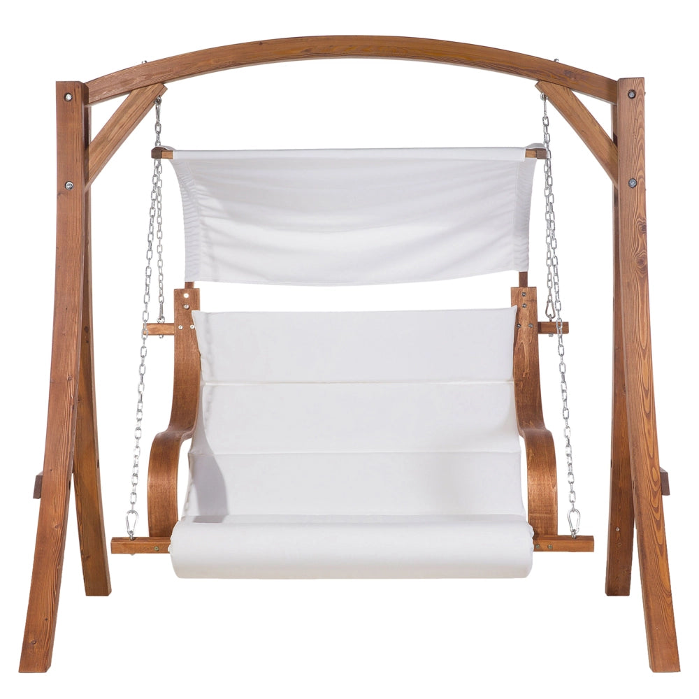 Dondolo da Giardino Struttura in Legno di Larice Tessuto Bianco da Esterno 2 Posti con Baldacchino