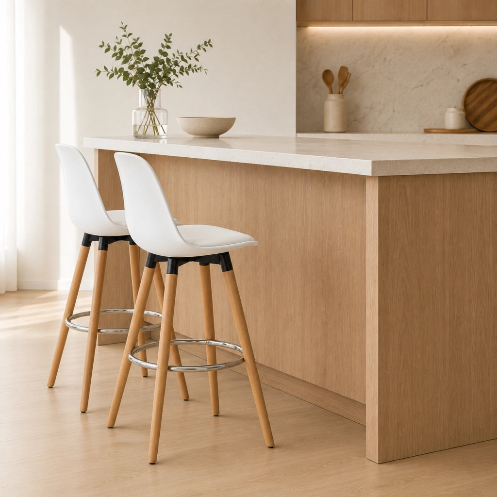 Set di 2 sgabelli da bar 38.5x42.5x91 cm con schienale e poggiapiedi in pelle rigenerata bianco