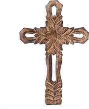 Croce in legno di noce artigianale a disegno foglia da appendere al muro - Decorazione religiosa cristiana cattolica - Regali religiosi