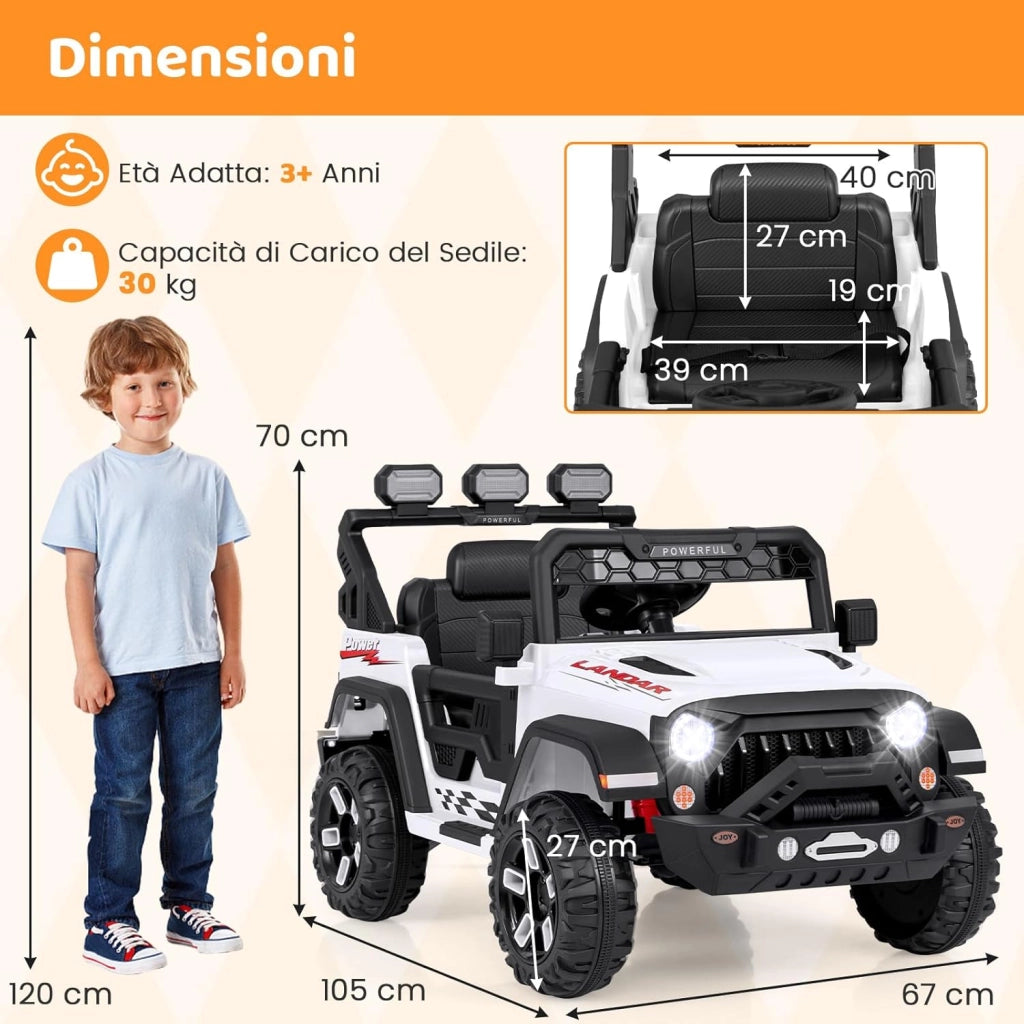 12V Macchina Elettrica per Bambini, Auto per Bambini con Telecomando Porta USB Musica e Luci, Avvio lento, Velocità Regolabile 1-5 km/h, per Bambini 3 Anni+ (Bianco)