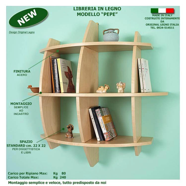 LIBRERIA MENSOLA SCAFFALE IN LEGNO MODELLO PEPE CON 3 RIPIANI FINITURA ACERO L.75  x P.30 x H.75 MADE IN ITALY ORIGINAL LEGNO ITALIA