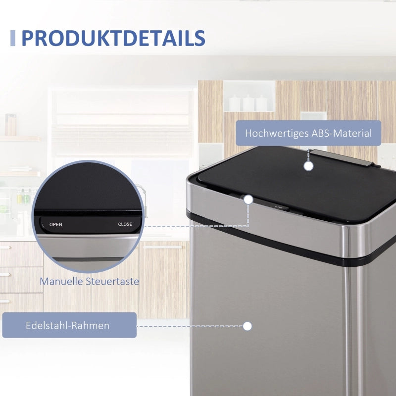 CONTENITORE RIFIUTI 72 L con sensore, 3 scomparti, acciaio inox, argento