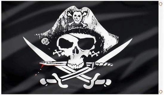 Bandiera del Pirata 90x150cm - Vela con Asta e Orecchie di Metallo per Feste di Pirati, Decorazioni e Bandiere - 1