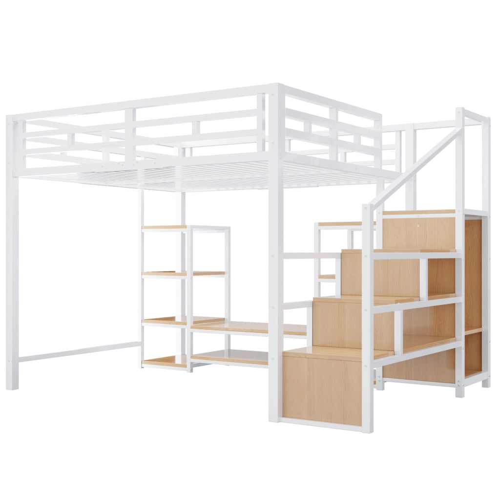 Letto a soppalco ULEVR 140x200 cm con supporto TV, presa integrata e scala di sicurezza, bianco