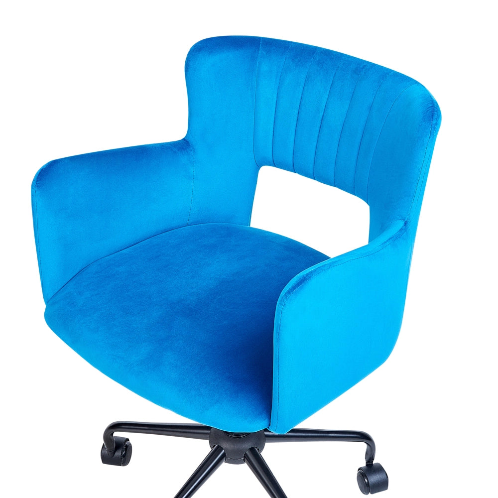 Sedia da ufficio velluto blu braccioli schienale intagliato gambe in metallo moderna industriale girevole con rotelle