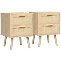 Set 2 Comodini per Camera da Letto Stile Boho con 2 Cassetti, 40x40x56cm, Legno Naturale