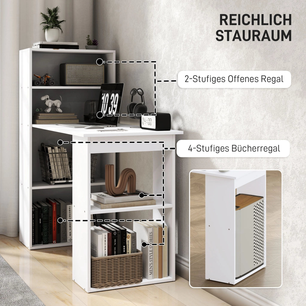 Scrivania lineare con 4 ripiani e 2 vani aperti; piano ampio per ufficio e studio; bianco; 120×55×120 cm