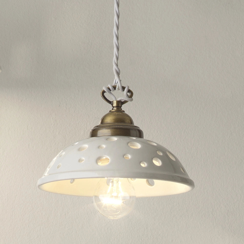 CONTEMPORANEA Sospensione Artigianale in Ceramica Bianca Lucida Piatto Traforato d.20