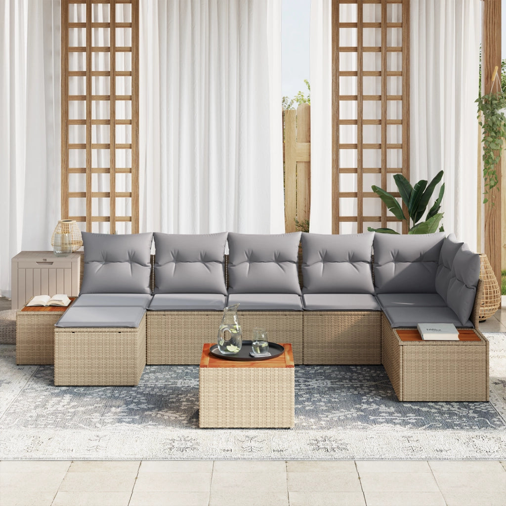 Set di Divani da Giardino di 8 Pezzi con Cuscini Beige Polyrattan Acacia