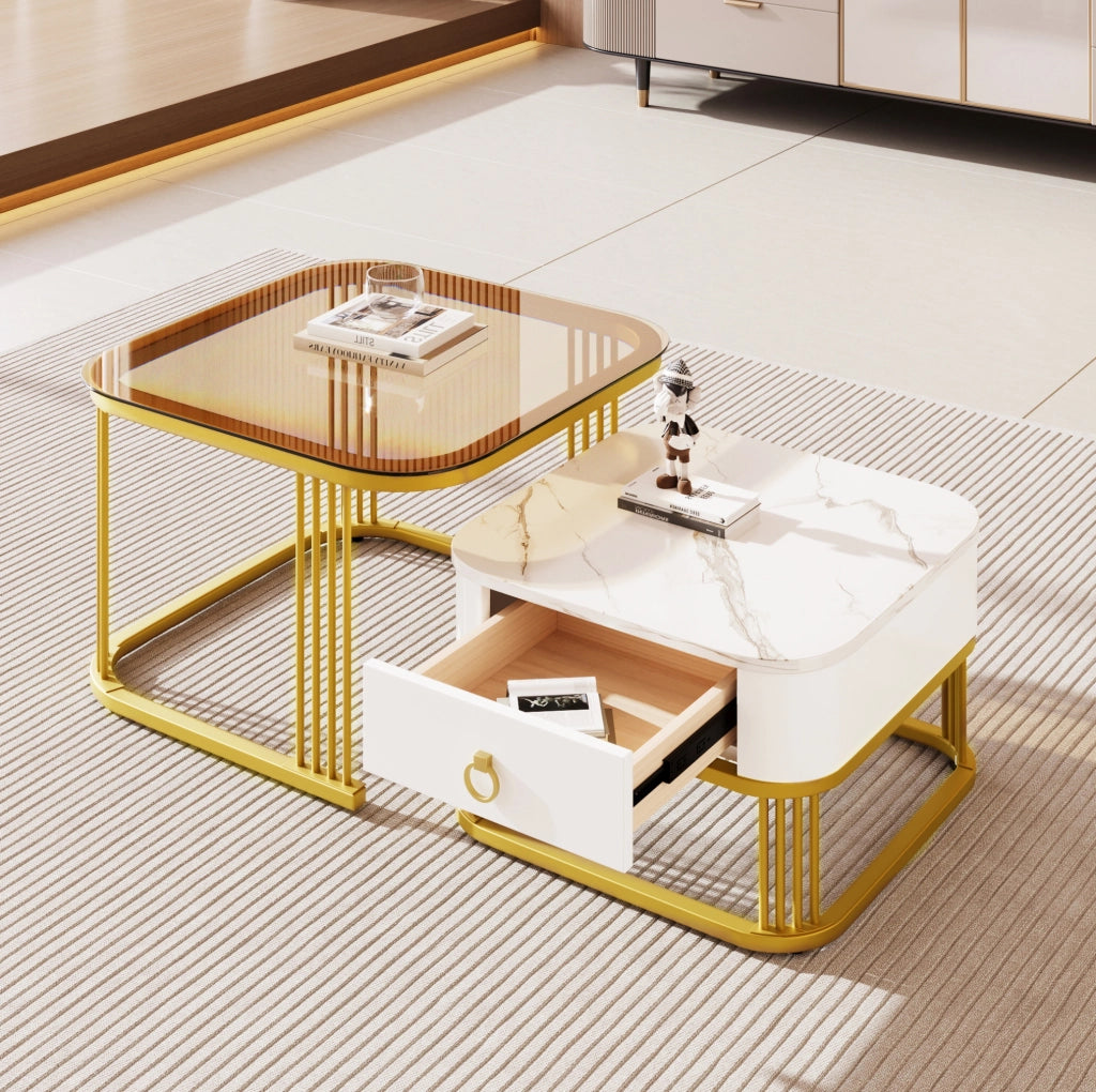 Set di 2 tavolini da caffè modulari bianchi e oro con piano effetto marmo e cassetto