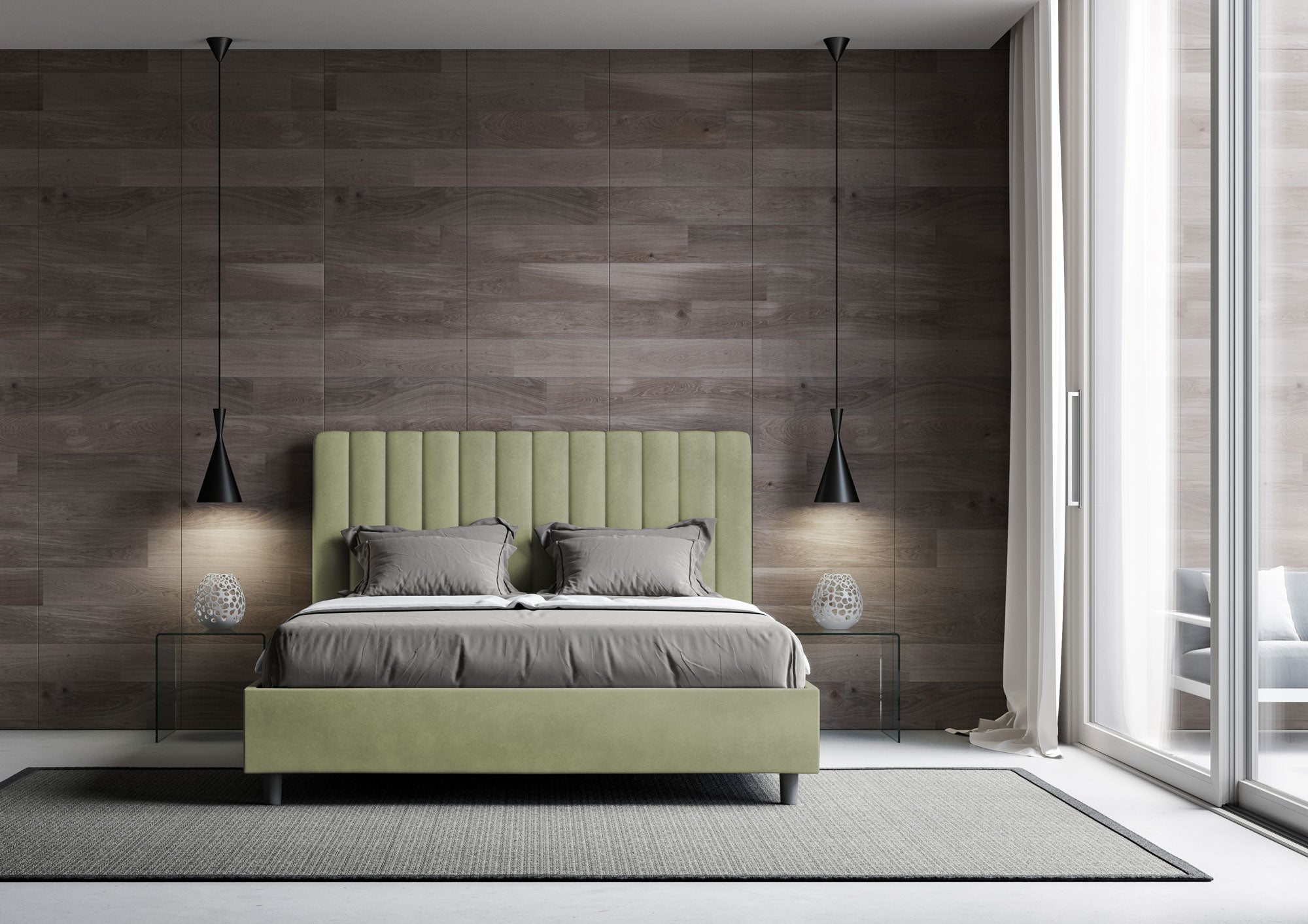 Letto Matrimoniale 160x210 cm con Rete e Contenitore con Testata e Alzata Comoda Imbottito in Microfibra Agueda Tè Verde