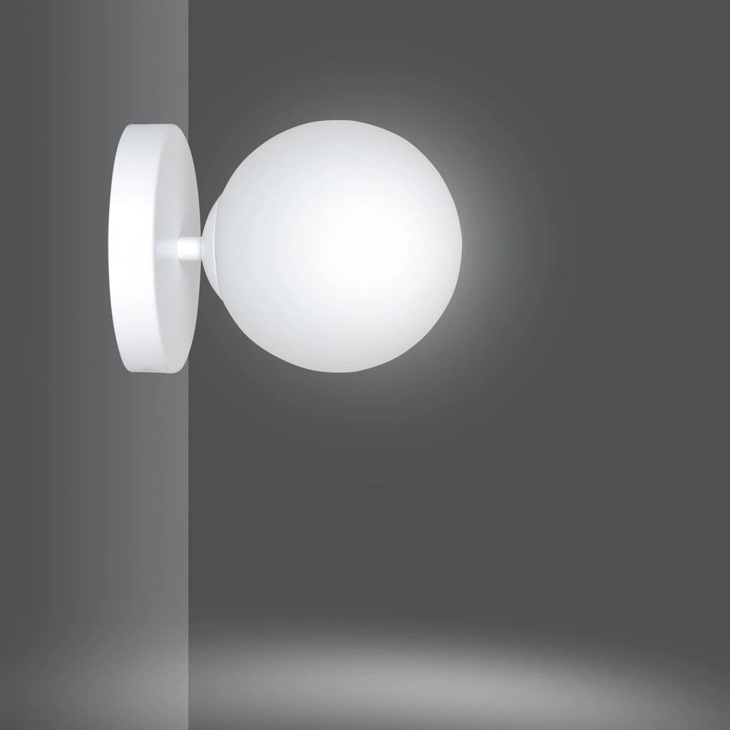 Applique 1 Luce Rama In Acciaio Bianco A Bracci E Sfera In Vetro Opalino