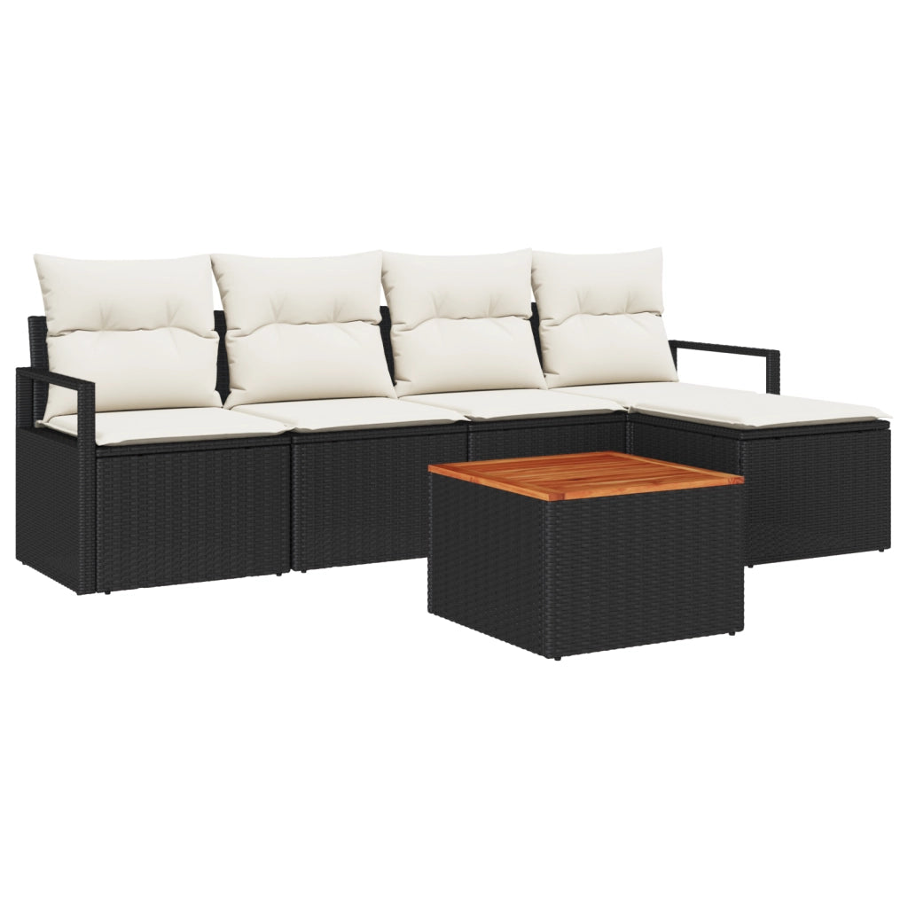 Set divano da giardino 6 pezzi con cuscini in polyrattan nero e acacia