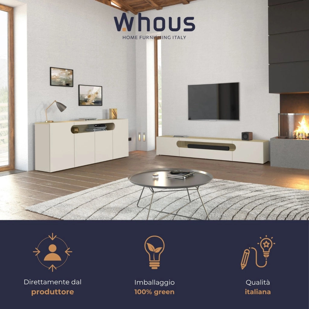 WHOUS Mobile porta TV Real con 2 ante laterali 1 ribalta e 1 vano aperto cashmere e rovere chiaro 240x40x40 cm