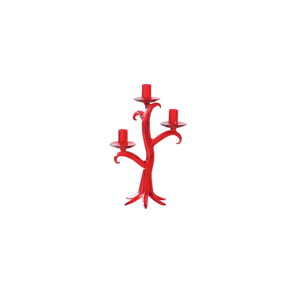 Candeliere vetro 3 fiamme alberello rosso h.31 cm