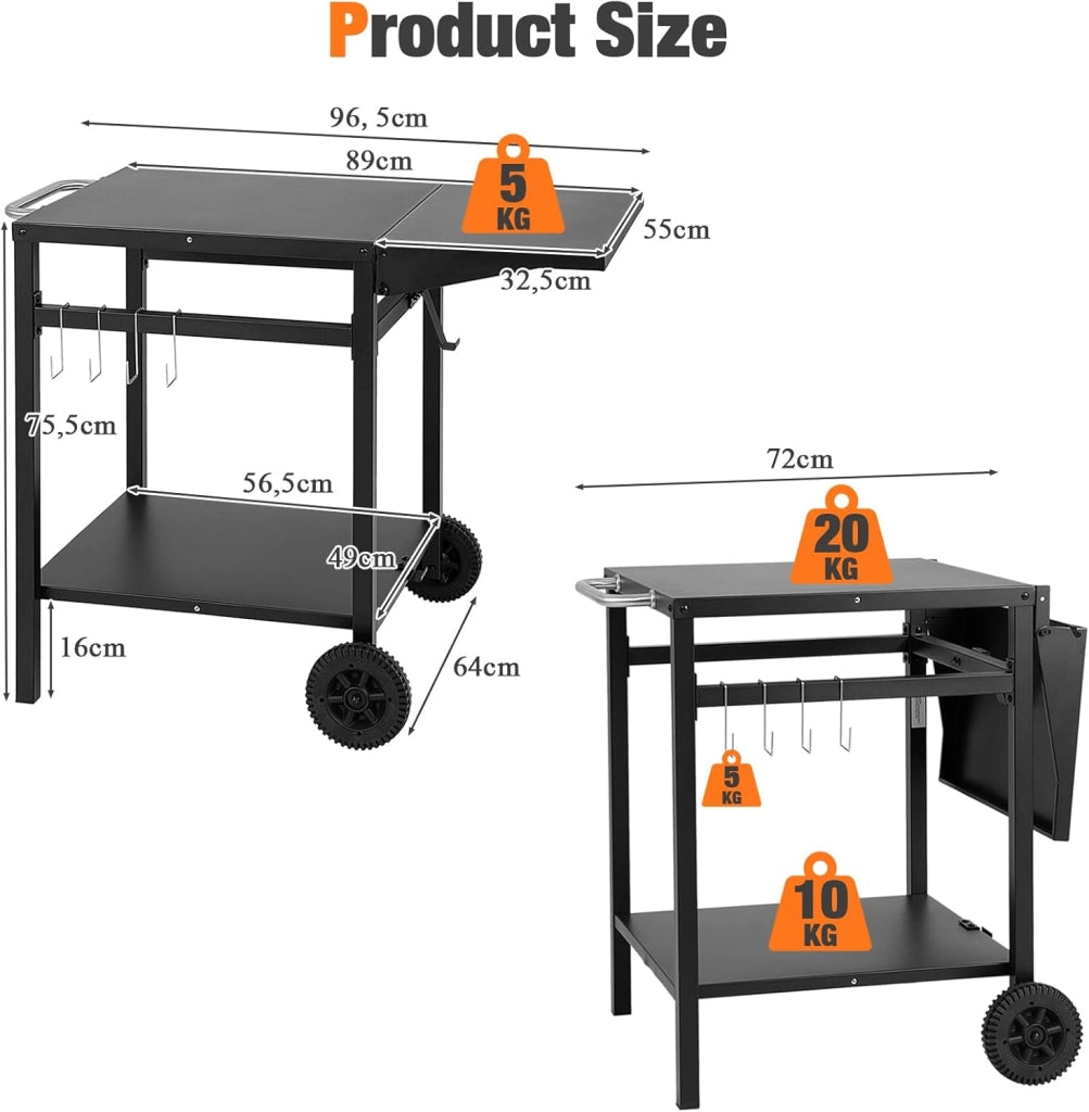 Carrello Cucina con Laminati Pieghevoli, 4 Ganci Extra e 2 Ruote, Scaffale Cucina in Metallo per Grigliate, Carrello per Barbecue, Carrello di Servizio per Giardino, 96,5 x 64 x 75,5 cm