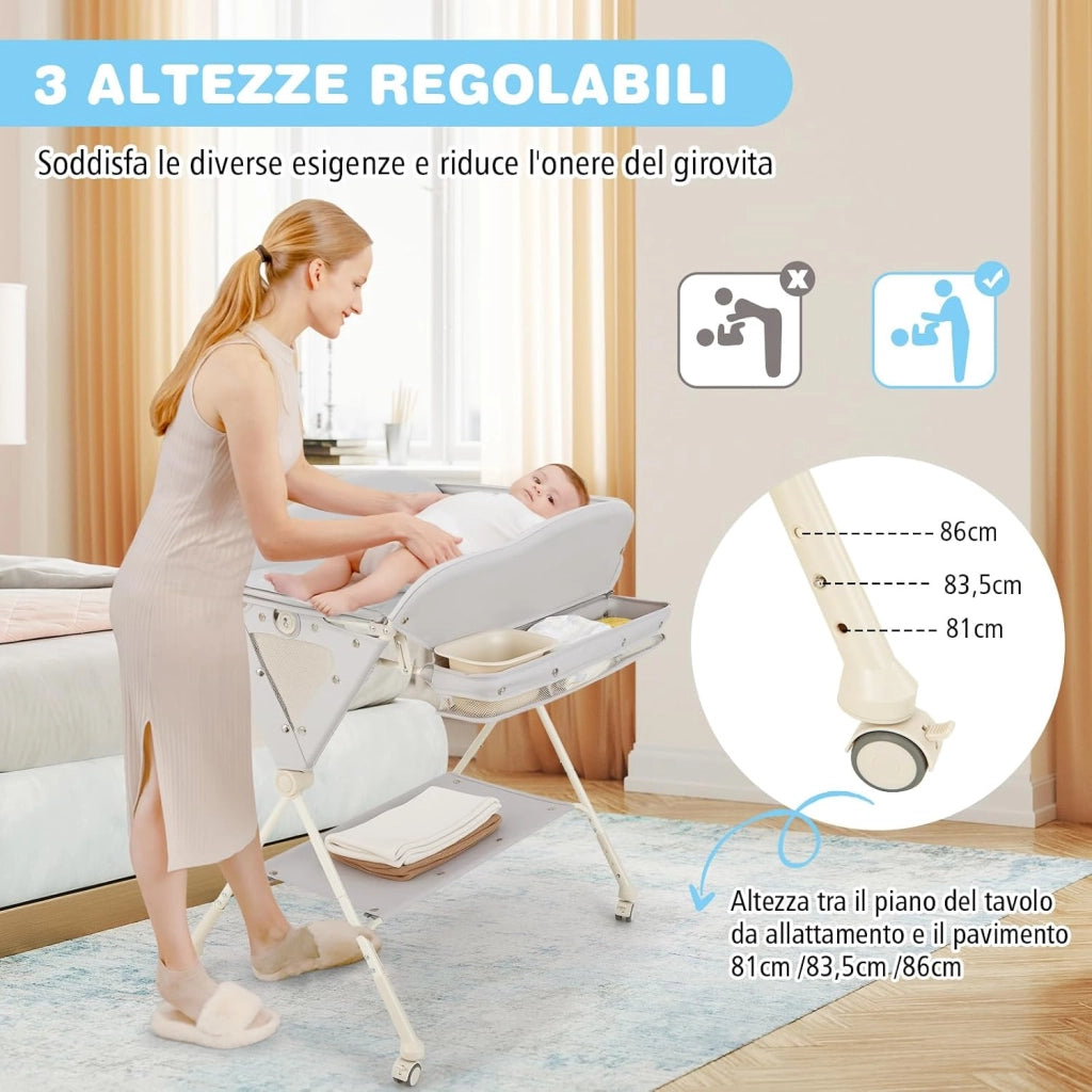 Fasciatoio Pieghevole Neonato, Fasciatoio Portatile con Altezza Regolabile a 3 Livelli, con Bacino, Cestino Portaoggetti e Cintura di Sicurezza, 4 Ruote Bloccabili, Portata 11 kg (Grigio)
