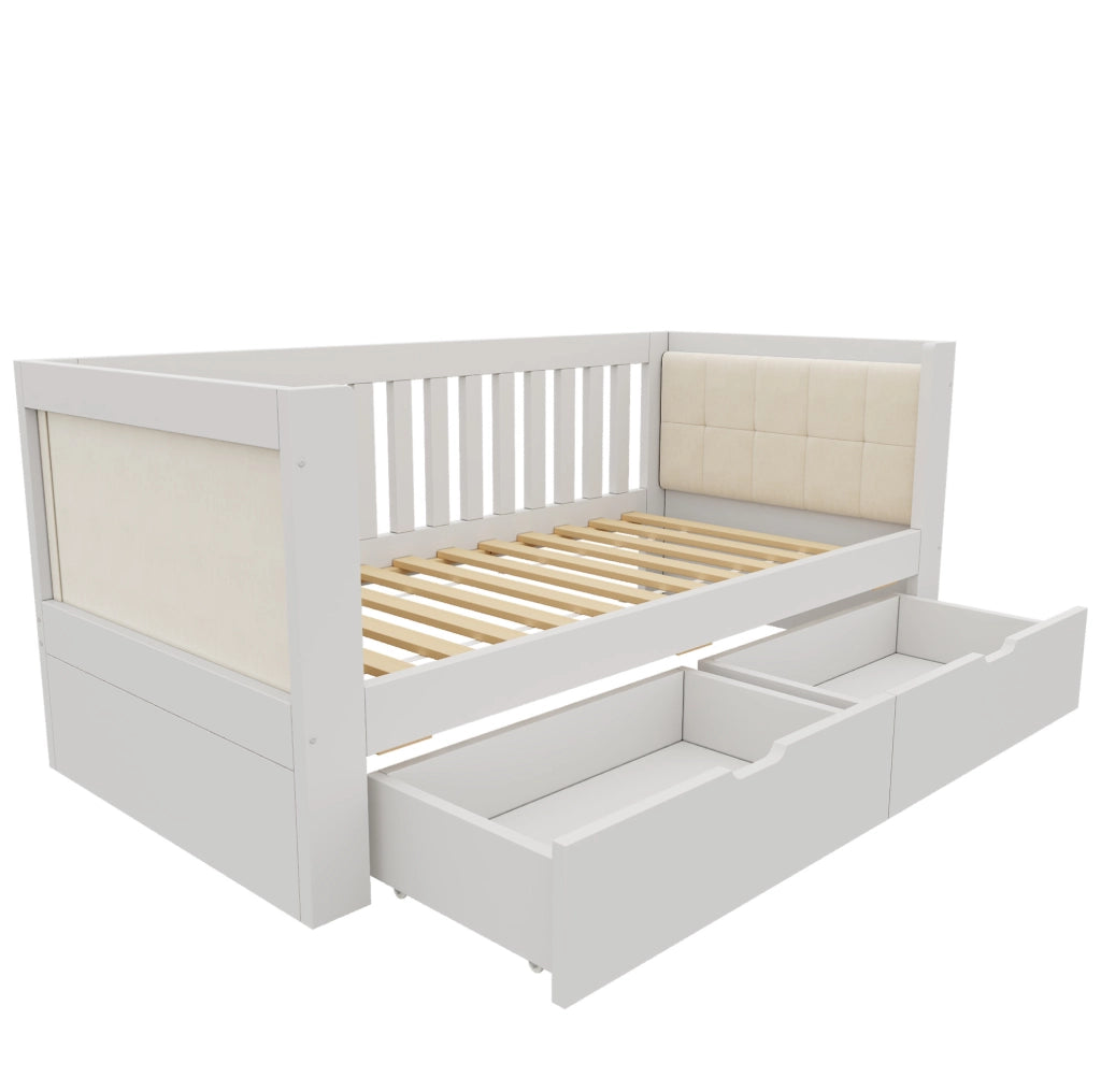Letto da giorno 90 x 200 cm in pino bianco con 2 cassetti e schienale imbottito
