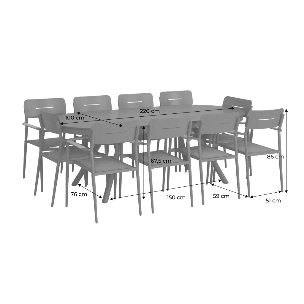 Set tavolo da giardino ovale allungabile in alluminio con 10 sedie,