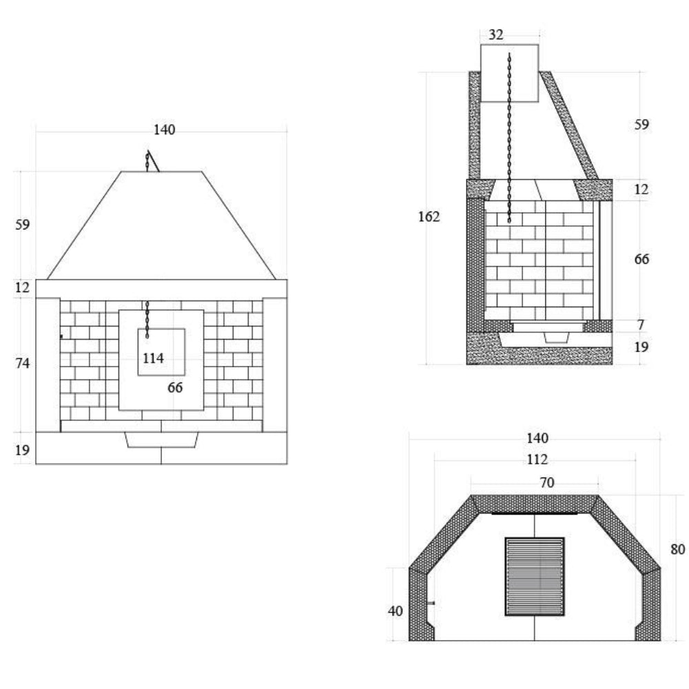 Camino legna prefabbricato refrattario focolare aperto m140ref riscaldamento