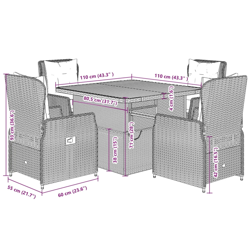 Set da Pranzo da Giardino 5 pz con Cuscini in Polyrattan Grigio 3262770