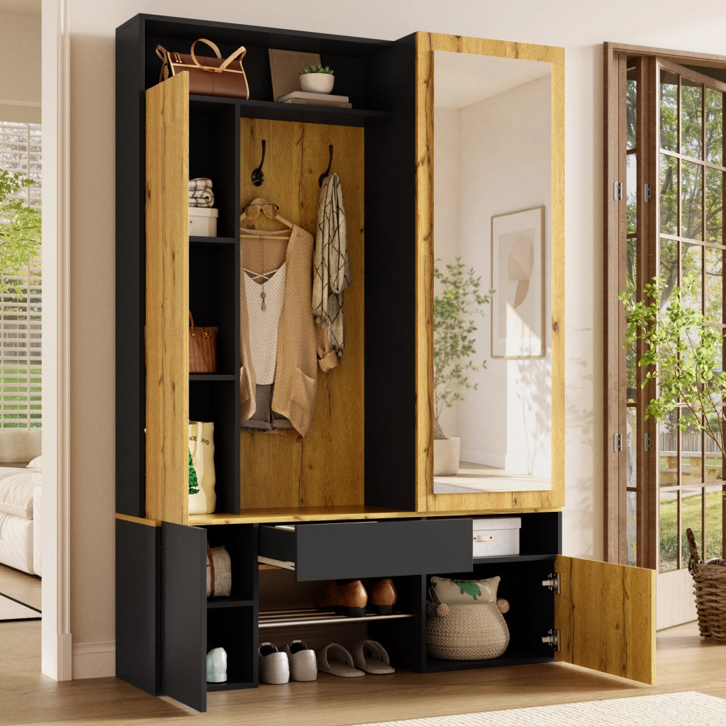 Guardaroba in MDF con specchio, scarpiera, mobile ingresso, appendiabiti con asta e ganci