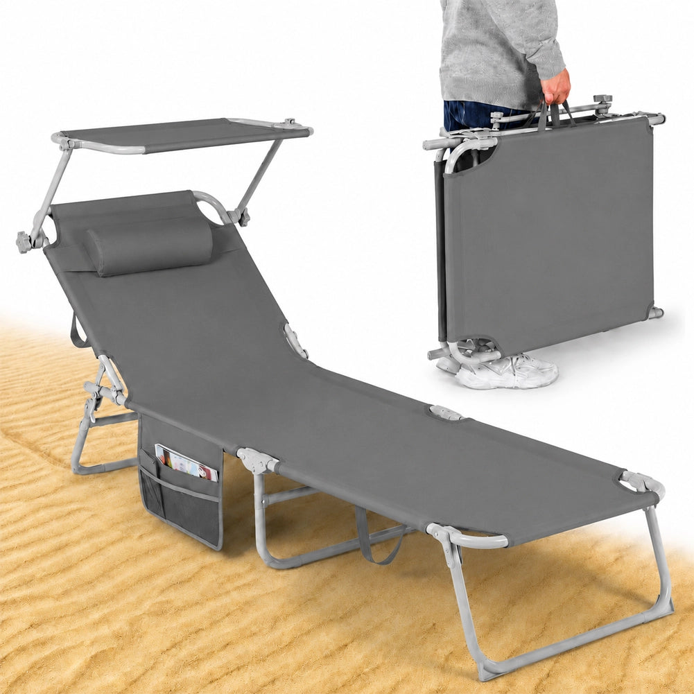 Lettino Pieghevole da Spiaggia Esterno Piscina Grigio Sdraio da Mare con Parasole