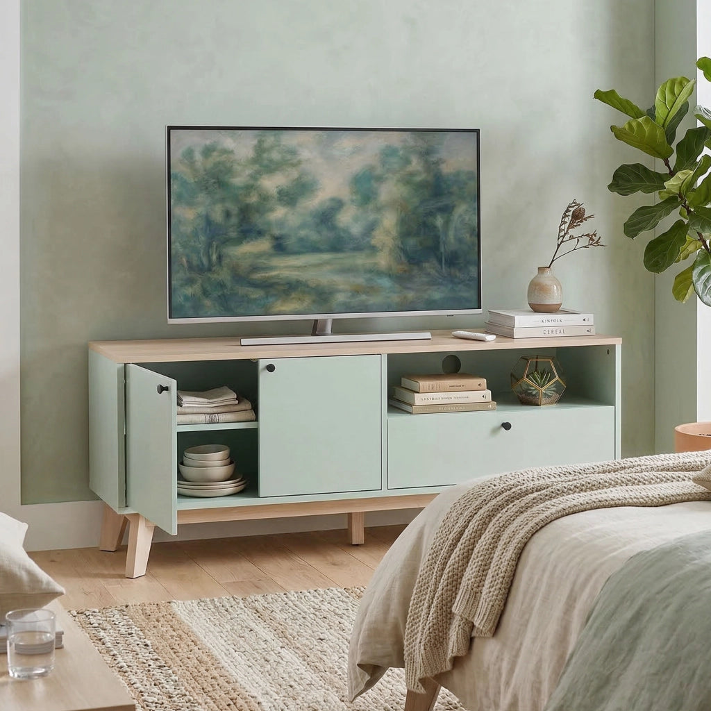 Mobile TV 120 cm con 2 ante, cassetto e ripiano ¨C zephmum ¨C verde chiaro