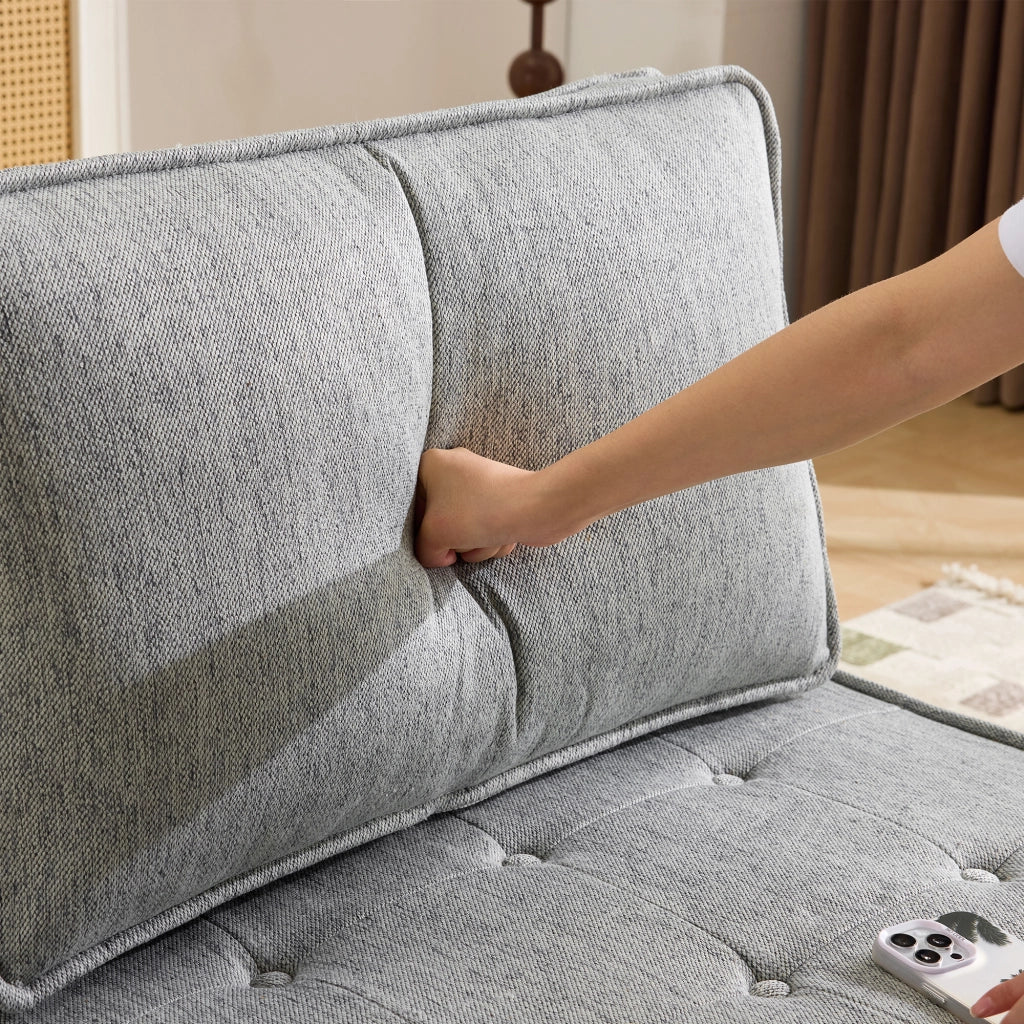 Divano modulare compatto per piccoli spazi con seduta ergonomica e comfort morbido in lino e compensato grigio chiaro