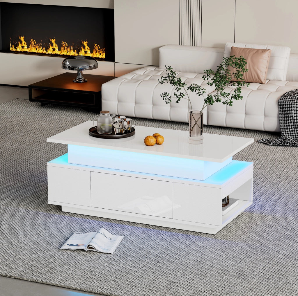 Tavolino da caff¨¨ 96x45x40 cm sollevabile con LED, cassetto e vano contenitore bianco