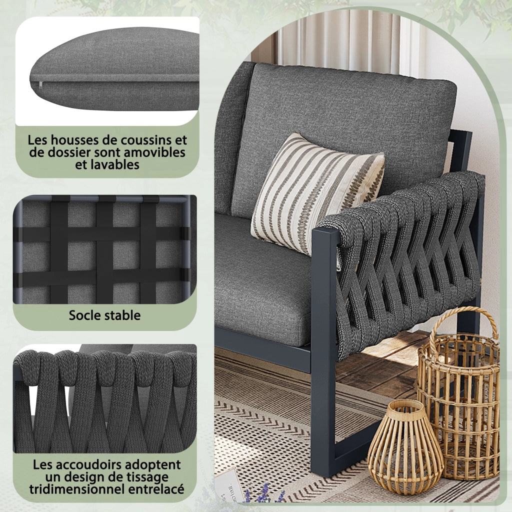 OKWISH Set da 5 mobili da giardino con 2 divani singoli, 1 divano angolare e 2 tavoli, Olefin Grigio