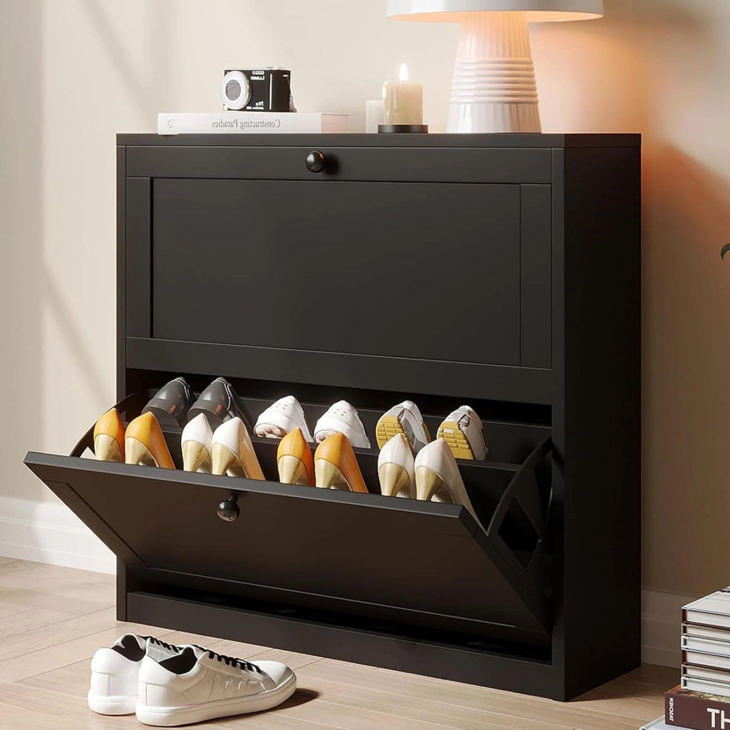 Scarpiera Portascarpe in Legno, Scarpiera Slim, Ingresso, Regolabili, con 2 Ante a Ribalta e Doppia Profondita, 80x80x24 cm (LxAxP), per Ingresso Casa (Nero)