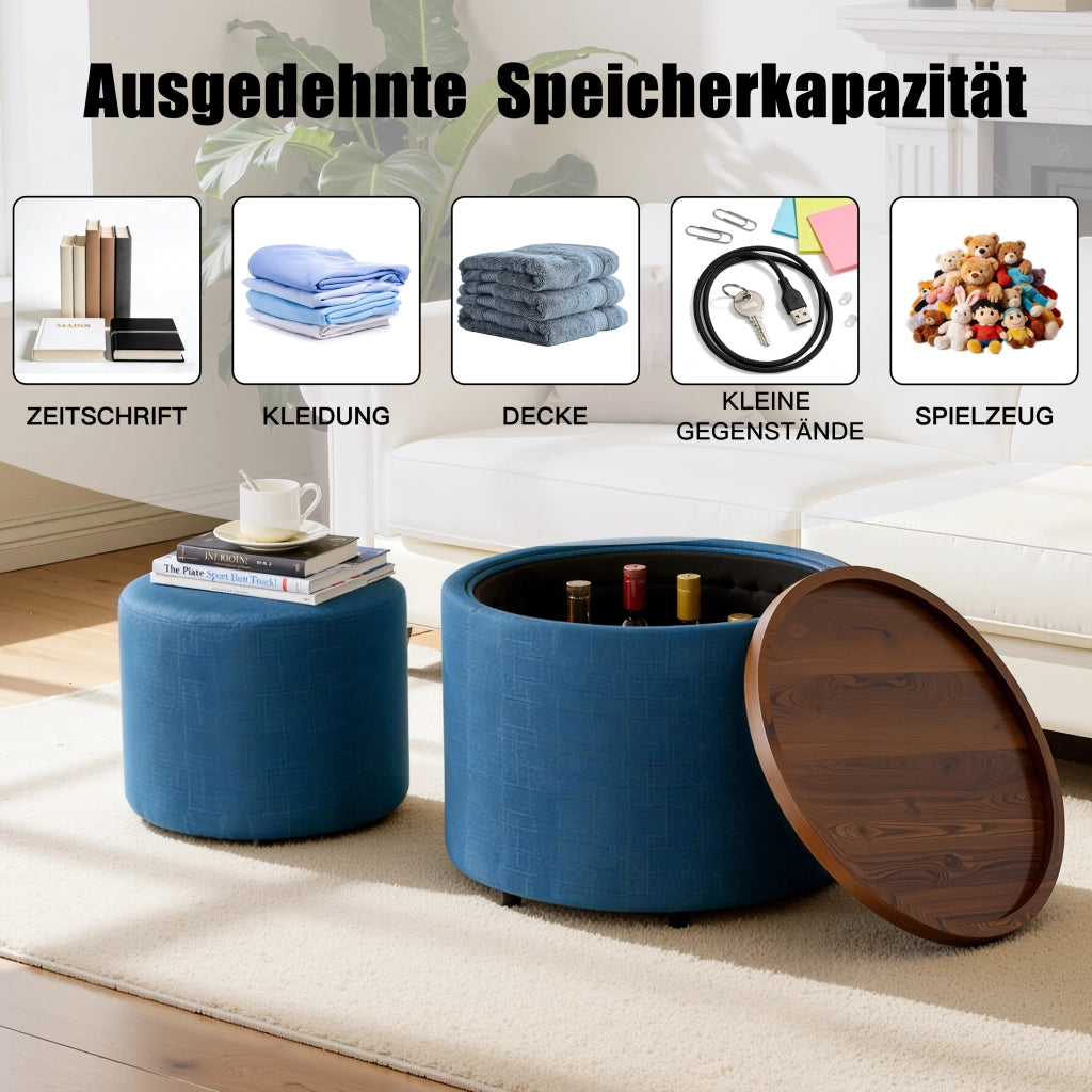 Repose-pied rotondo impilabile in lino con contenitore e vassoio in legno set da 2 salvaspazio blu