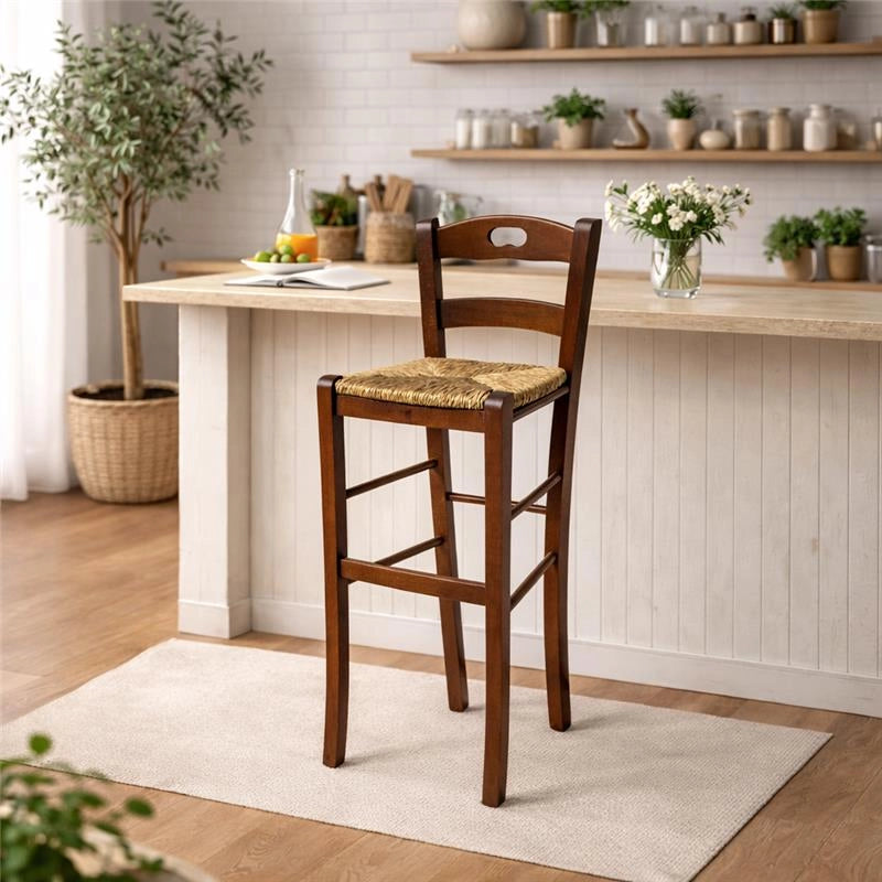 SET 4PZ SGABELLI SNACK CON SEDUTA IN PAGLIA COLORE NOCE 39X38X90CM STILE RUSTICO SCHIENALE ALTO