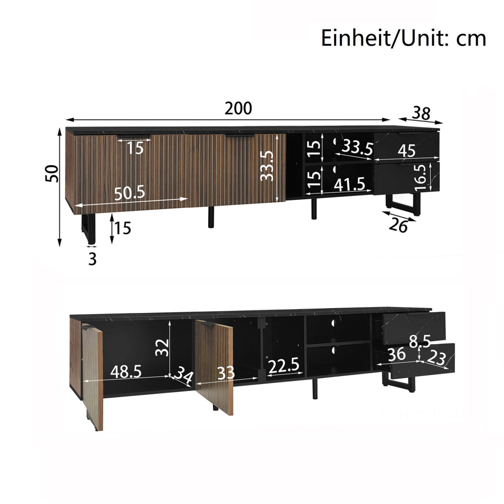 Mobile TV 200x38x50 cm; 2 ante e 2 cassetti con LED multicolore; MDF nero e legno