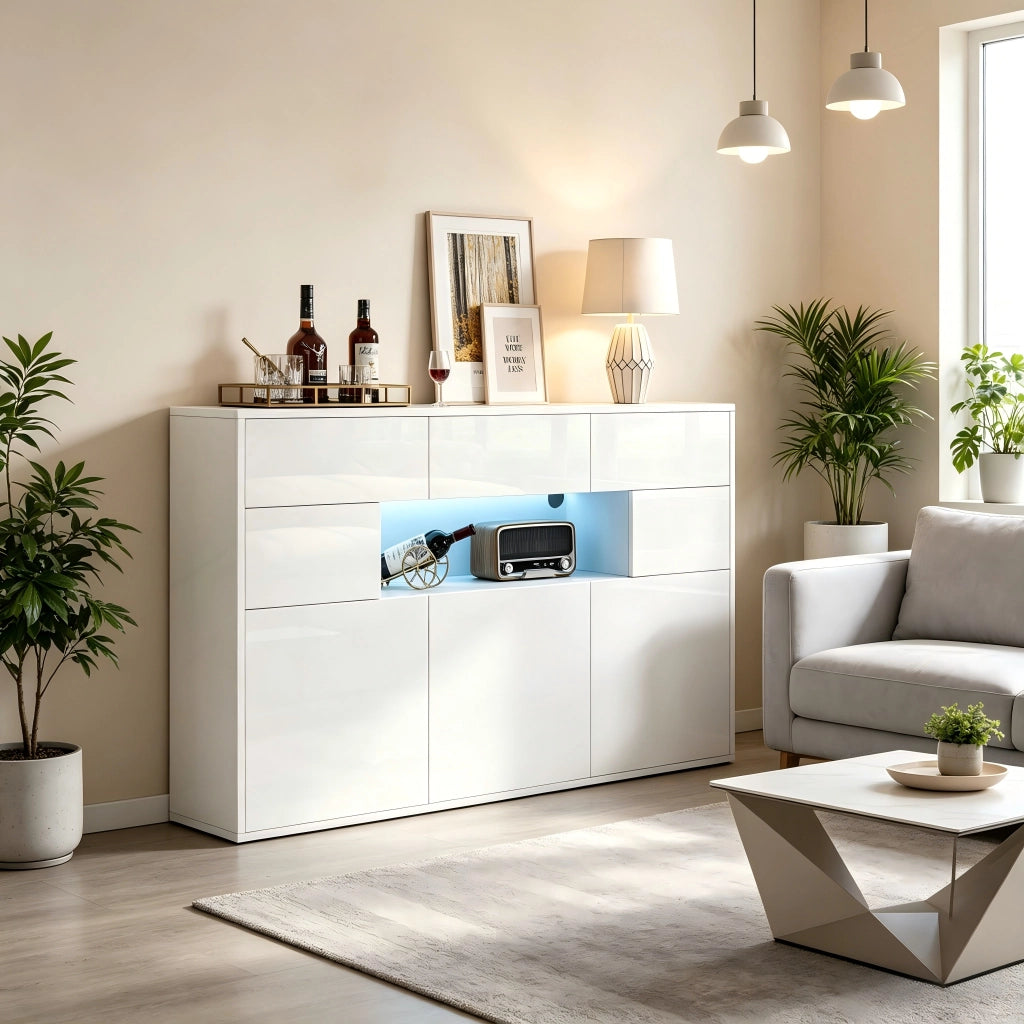 CREDENZA 140 x 30 x 82 cm bianco lucido in MDF con LED, 3 cassetti e 5 ante