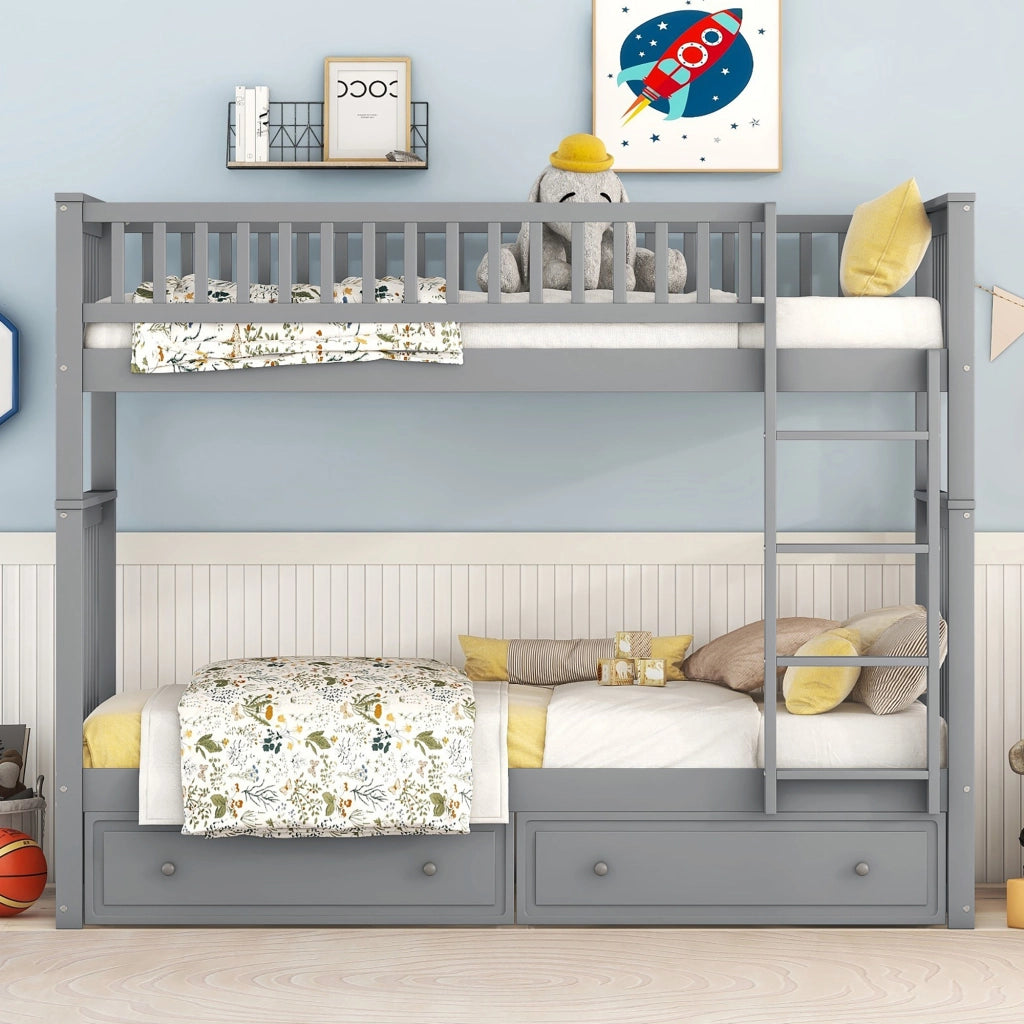 Letto a castello funzionale in pino grigio 90x200 cm